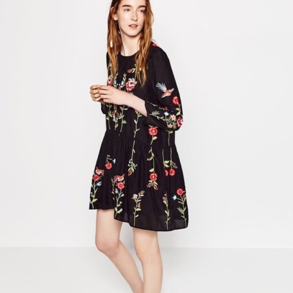 Zara floral embroidery shift dress in black color - Picture 5 of 10